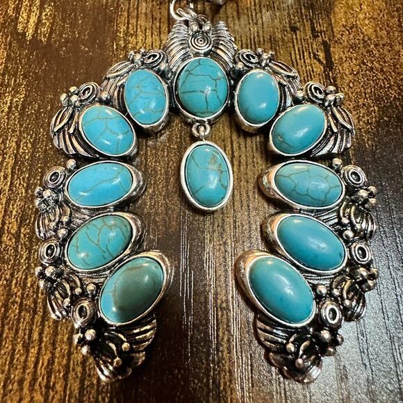 Large Squash Blossom Pendant Chunky Necklace and Earrings Set with Turquoise St - Picture 4 of 11